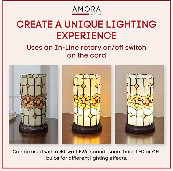 Amora Floral Decorative Accent Table Lamps - Tiffany Mosaic Shade - 11" Table & Bedside Light