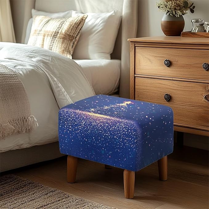 Blue Christmas Tree Ottoman Cover Rectangular Ultra Soft Stretch Ottoman Slipcover Easy Install Rectangle Storage Footstool Covers Furniture Protector for Living Room Decor Size S