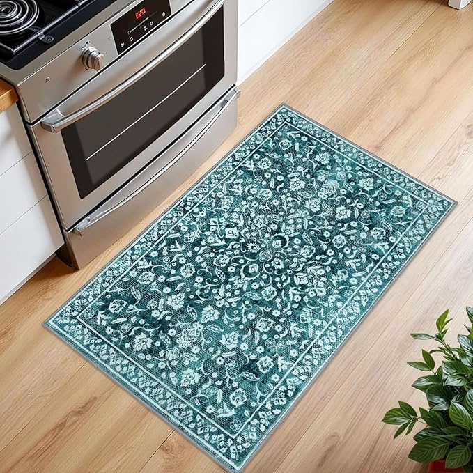 Vintage Entryway Rug Indoor, Dark Teal Washable Rug 2x3, Small Area Rug with Non-Slip Backing, Floral Print, Thin Faux Wool Super Soft Door Mat for Kitchen, Entrance, Bedroom, Office