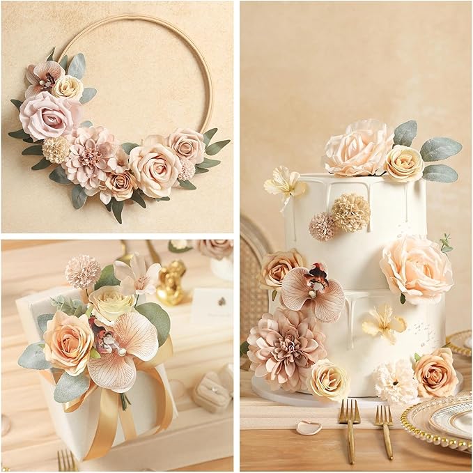 Artificial Flowers Set Champagne Coffee Silk Fake Flowers with Stems for DIY Wedding Bridal Bouquets Cake Arch Floral Arrangement Table Centerpieces Baby Shower Party Home Decorations
