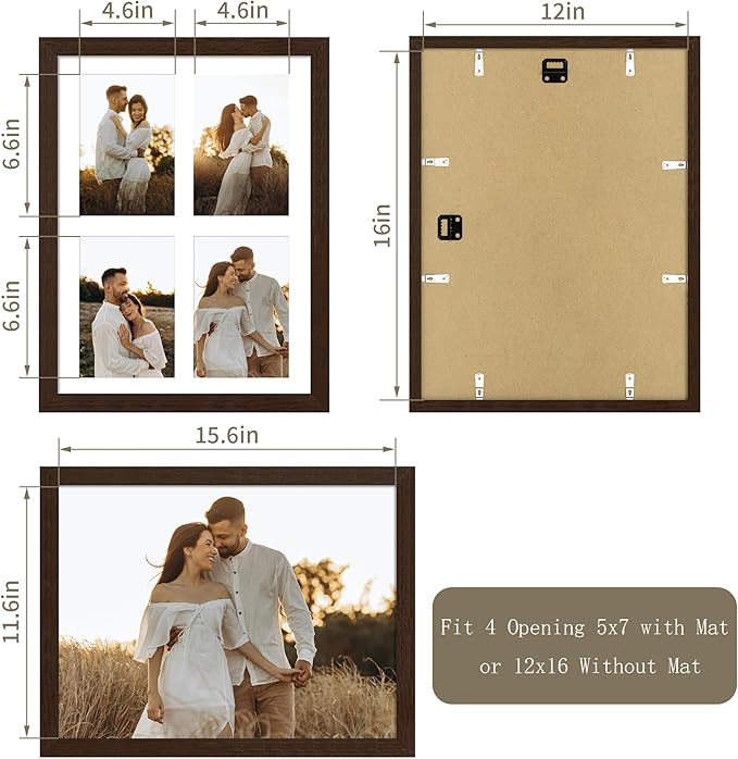 12x16 Picture Frame - 12 x 16 Photo Frame Made of Solid Oak Wood and Real Glass,Display Picture 4 Opening 5x7 with Mat or 12x16 Without Mat for Wall & Tabletop(Color Walnut)