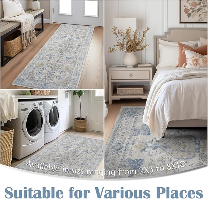 jinchan 2x3 Washable Rug for Entryway - Vintage Floral Ultra-Thin Low Pile Soft Small Non-Slip Distressed Indoor Doormat Accent Rug for Entrance Kitchen Bathroom Bedroom (2x3ft, Blue)