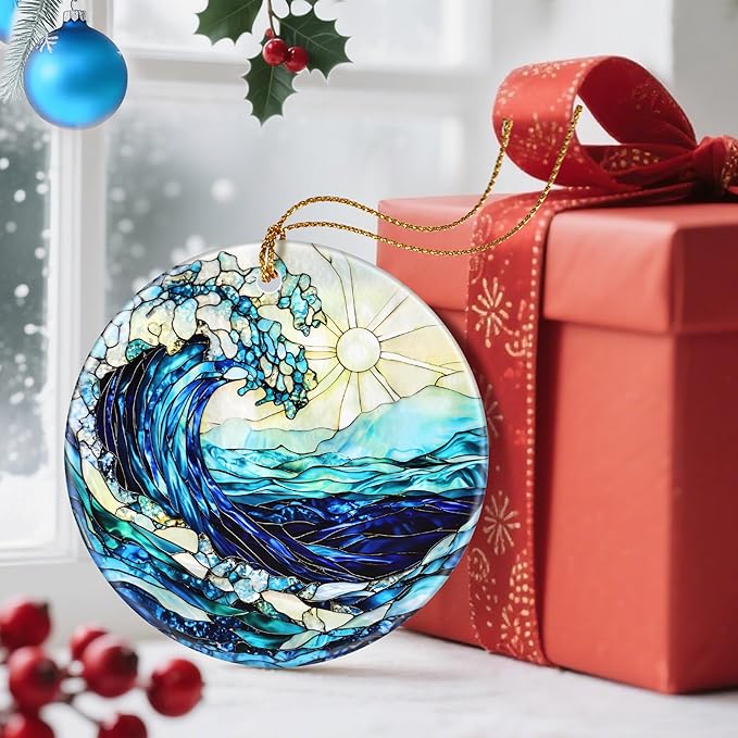 Christmas Ornaments, Dodosky 2.8in Ceramic Ocean Waves Ornament, Xmas Decor, Christmas Tree Ornaments, Xmas Decorations for Tree, Holiday Ornament, Beach Lover Gift, Gifts for Friends Family
