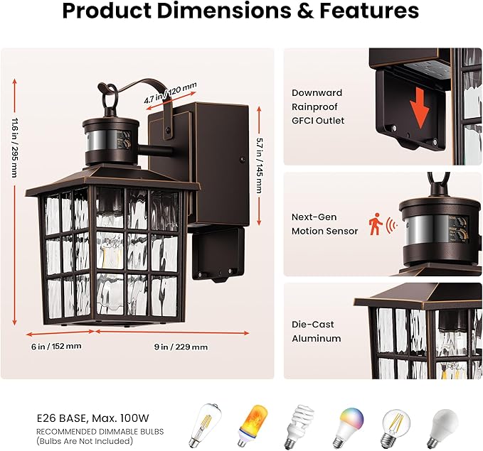 Gleamz Motion Sensor Exterior Garage Lighting Fixtures with GFCI Outlet, Farmhouse Oil Rubbed Bronze Gold Trim Outdoor Porch Lights Wall Mount, Waterproof Dusk to Dawn Outdoor Sconce Lights for House
