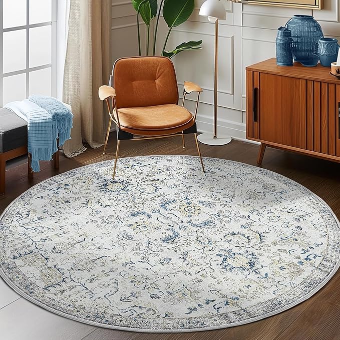 jinchan Kalen Round Rug 7ft Area Rug Washable Vintage Indoor Retro Floor Cover Distressed Floral 7' Round Circle Boho Non Slip Thin Carpet for Living Room Dining Room Bedroom Kitchen Blue