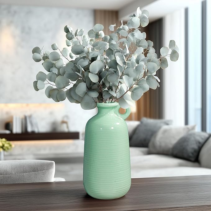Sunddo Ceramic Flower Vase 10 Inch - Green Decorative Vases with Handle, Modern Vase for Home Decor, Mantel, Living Room, Bedroom, Table, Bedroom Decor