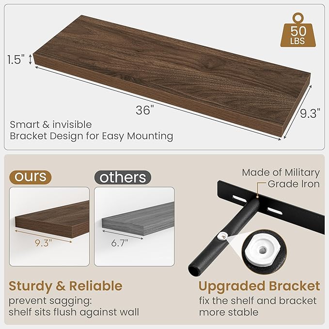 36 Inch Long Floating Shelves for Wall, 9.3 Inch Deep Floating Shelf with Heavy-Duty Bracket, 2 Pack Long Shelves for Bathroom, Living Room, Bedroom, Wall Mounted Storage Shelf for Books Decor, Walnut