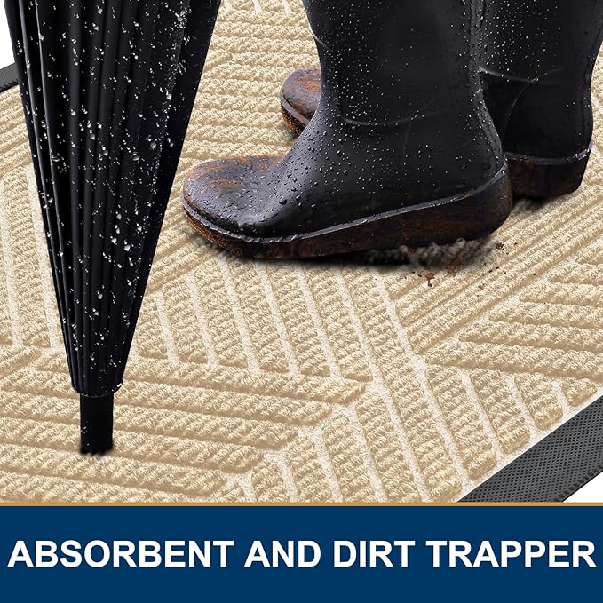 Smiry Front Door Mat Outside Entrance, Heavy Duty Sturdy Natural Rubber Doormat, Trap Dirt and Moisture, Easy Clean Low Profile Mats for Indoor Outdoor Entry, Irregular Triangle (29.5x17, Beige)