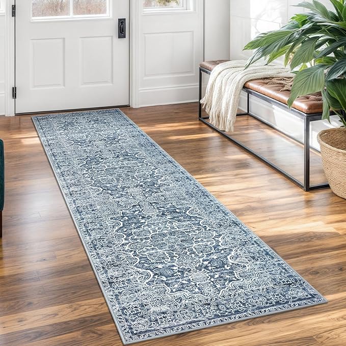 KUTA Vintage Washable Runner Rug, 2x7 Non-Slip Vintage Blue White Hallway Kitchen Runners Soft Printed Distressed Tribal Farmhouse Floor Carpet Rugs for Laundry Bedroom Living Room