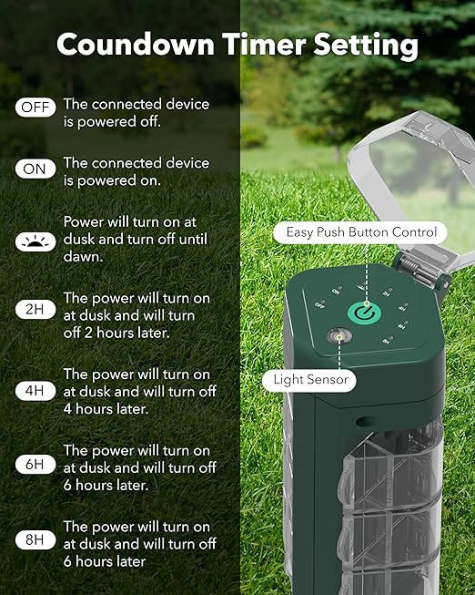 HBN Outdoor Power Strip Timer with Photocell, Countdown Yard Stake(2, 4, 6, 8 Hour),Outside Lights Timer Dusk to Dawn,Weatherproof Extension Cord for Halloween/Christmas Decoration Lights, 6 Outlets