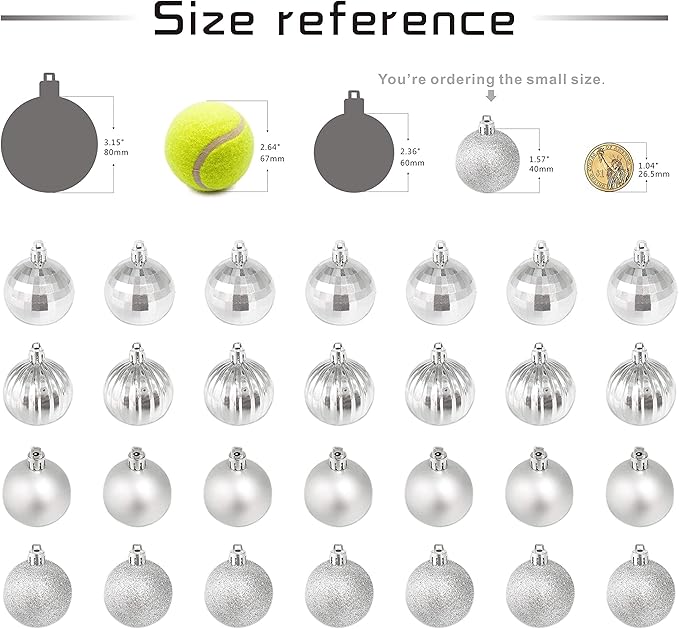 Small Size 28ct shatterproof Christmas Ball Ornaments in 4 Classic finishes for Christmas Tree Decoration (Silver, 1.57“ Mini Size)