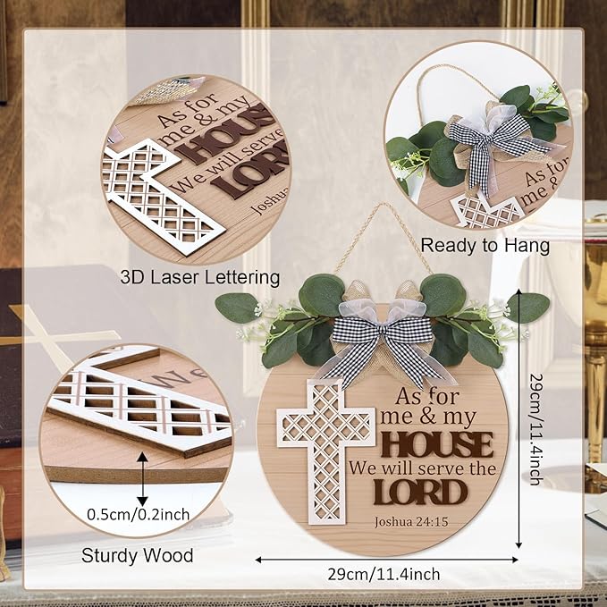 TOARTi Christian Cross Front Door Sign Wreath (11.4"x11.4"), Bible Verse Joshua 24:15 We Will Serve The Lord Wall Sign Hanging, Religious Home Wooden Door Decoration for Housewarming