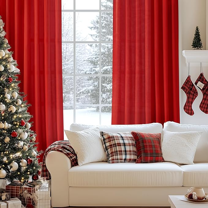 EMEMA Non-See-Through Sheer Curtains 72 Inches Long, Light Filtering Semi Privacy Sheer Curtains for Living Room Bedroom, Window Drapes That Let Light in, 52x72 Inch, 2 Panels, Red