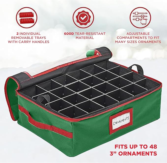 HOLDN’ STORAGE Christmas Ornament Storage Box with Dividers - Fits 48-3” Ornaments, 2 Removable Trays, Durable & Space-Saving, Clear Top Lid, Fits Underbed, Green