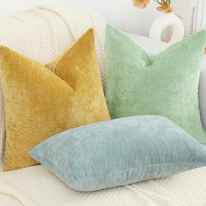 decorUhome Chenille Mineral Yellow Christmas Throw Pillow Covers 22x22 Inch Set of 2, Decorative Soft Couch Pillow Covers Solid Dyed Accent Farmhouse Neutral Square Pillow Cases for Sofa