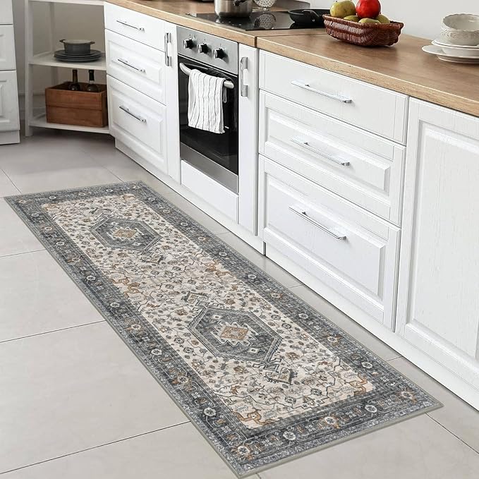 KUTA Runners for Hallways 2x6 Taupe, Vintage Floral Kitchen Rugs Non-Slip Washable Runner Ultra Soft Printed Retro Flower Carpet Entryway Rug for Bedroom Laundry Nursery Entryways