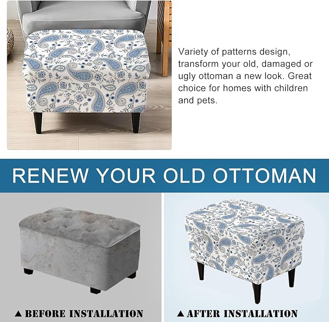 KRFOONN Stretch Ottoman Cover Slipcovers Rectangle Fit Length 39"-47" Footrest Stool Covers Printed Ottoman Cover for Foot Stool Furniture Protector with Non Slip Elastic Bottom, Color 15