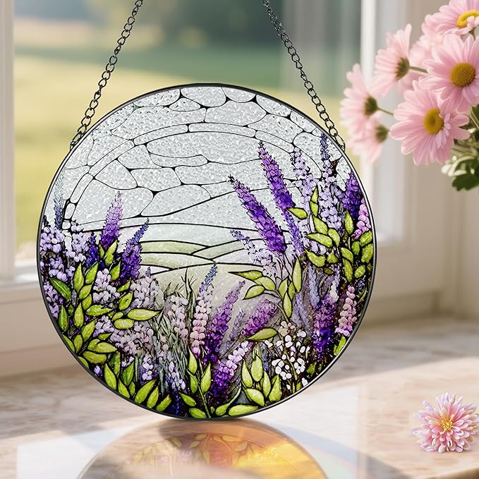 Lavender Flower Stained Glass Suncatcher, Stained Glass Window Hanging, 8 Inch Green Plants Suncatcher Decor for Birthday for Women, Wife, Lovers, Mom, Grandma, Gift Idea