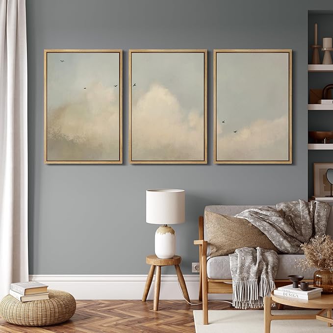 MUDECOR Framed Wall Art Print Set Minimalist Serene Sky with Birds Illustrations Modern Art Boho Decorative Colorful Chic for Living Room, Bedroom, Office - 16"x24"x3 Natural