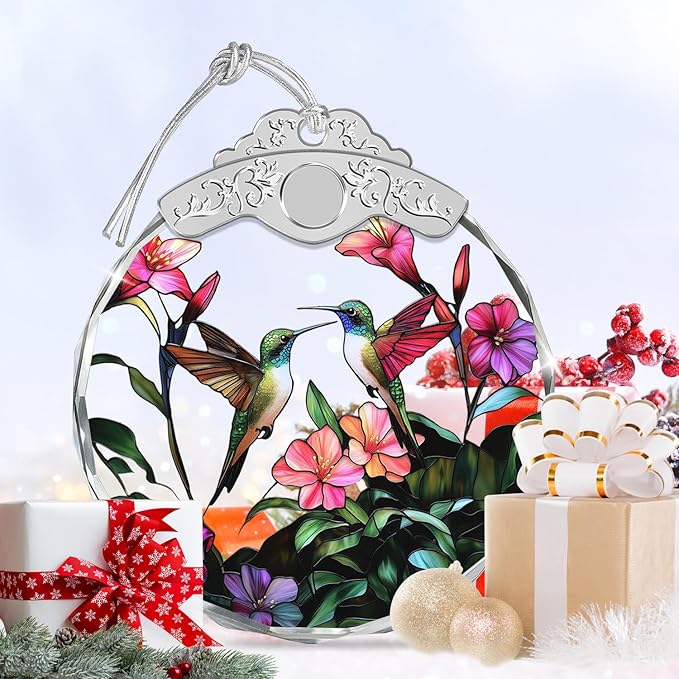 Christmas Ornaments - Hummingbird and Flowers Stained Glass Ornament - Xmas Decor - Ornaments for Christmas Tree - Holiday Presents - Gift Exchange Ideas - Car Hanging Decoration