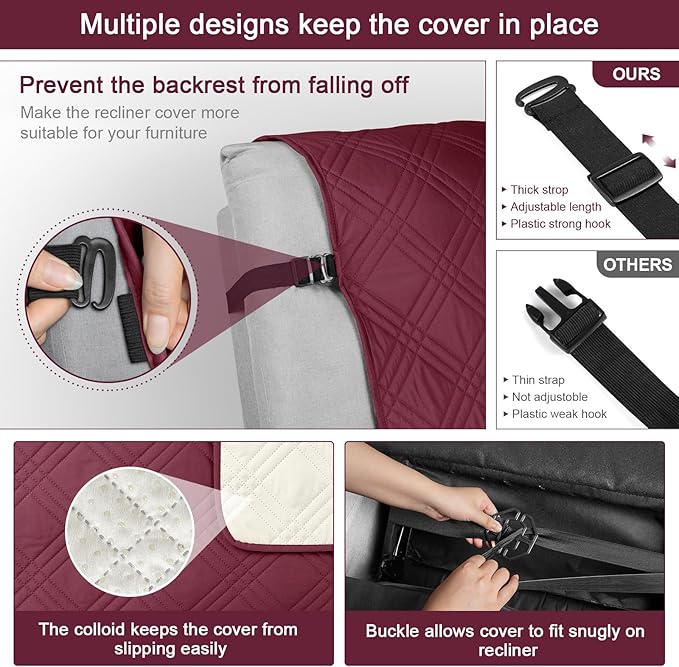 TAOCOCO 100% Waterproof Recliner Chair Covers, Non Slip Recliner Covers for Recliner Chair with Pocket, Washable Reclining Chair Cover Furniture Protector for Kids,Dogs(25'', Wine)