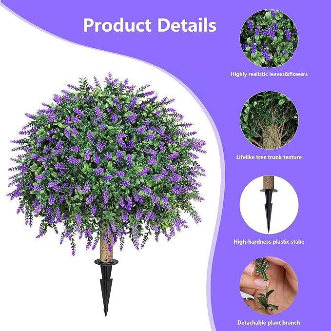 HyeFlora 26'' Artificial Topiary Boxwood Ball Trees with Lavender 2 Pack Fake Plants for Outdoor Indoor Artificial Shrubs with Ground Spike UV Resistant Fake Bushes for Front Porch Garden (Purple)