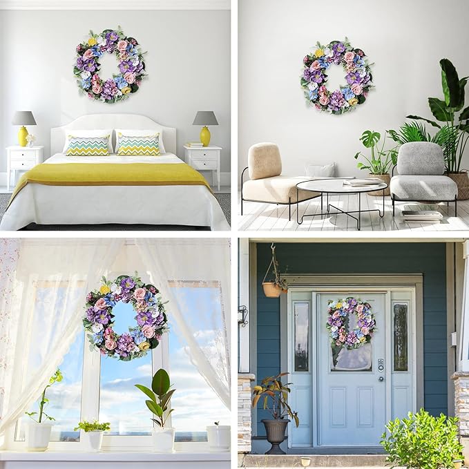 24 Inch Spring Summer Wreaths for Front Door, Spring Summer Door Wreaths, Artifical Floral Flowers Wreath with Purple Hydrangea,Pink Rose,Blue Tulip,Large Wreaths for Spring Summer Outdoor Home Decor