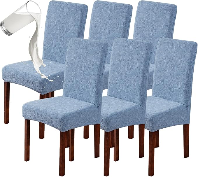 Genina 100% Waterproof Dining Room Chair Covers Set of 6 Stretch Kitchen Chair Covers Parsons Chair Slipcovers for Dining Room Chair Protector Cover, Removable, Washable (Leaf Pattern-Light Blue, L)