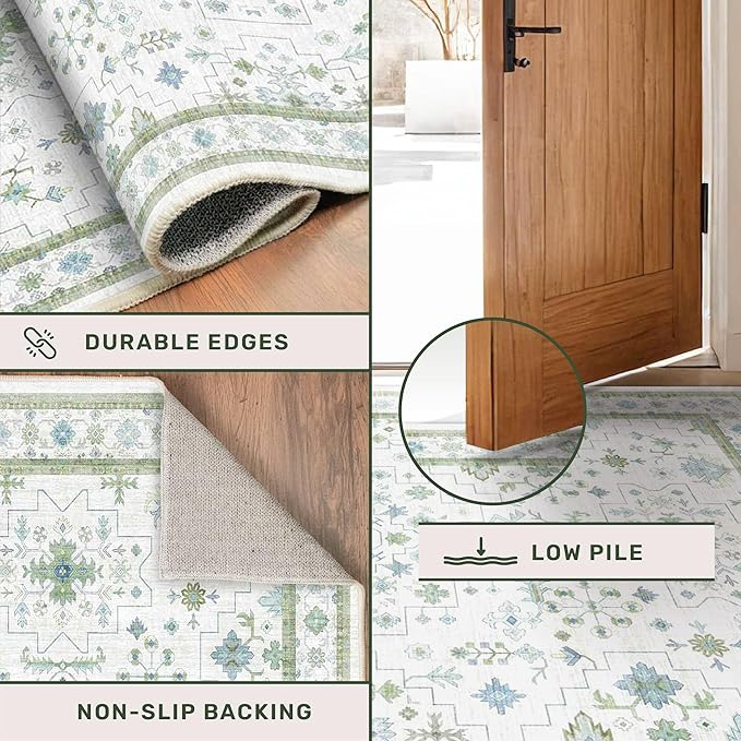 Blue and Green Living Room Rug 7x10 - Cream Oushak Vintage Boho Floral Farmhouse, Washable Low Pile Non-Slip Extra Large Area Rugs for Bedroom, Kids, Lounge