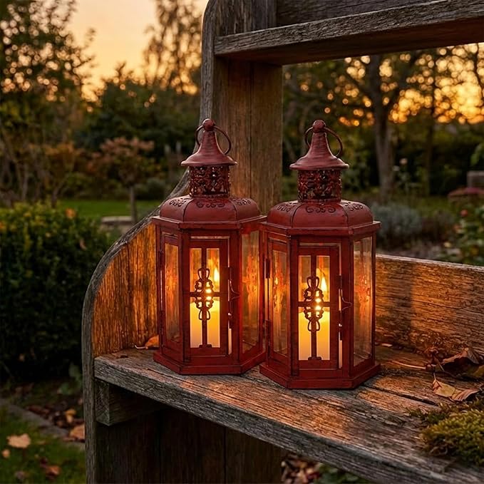 JHY DESIGN Set of 2 Decorative Candle Lanterns 10“H Vintage Hanging Lanterns Metal Candleholders for Indoor Outdoor Events Parities Gothic and Halloween (Red with Black Brush)