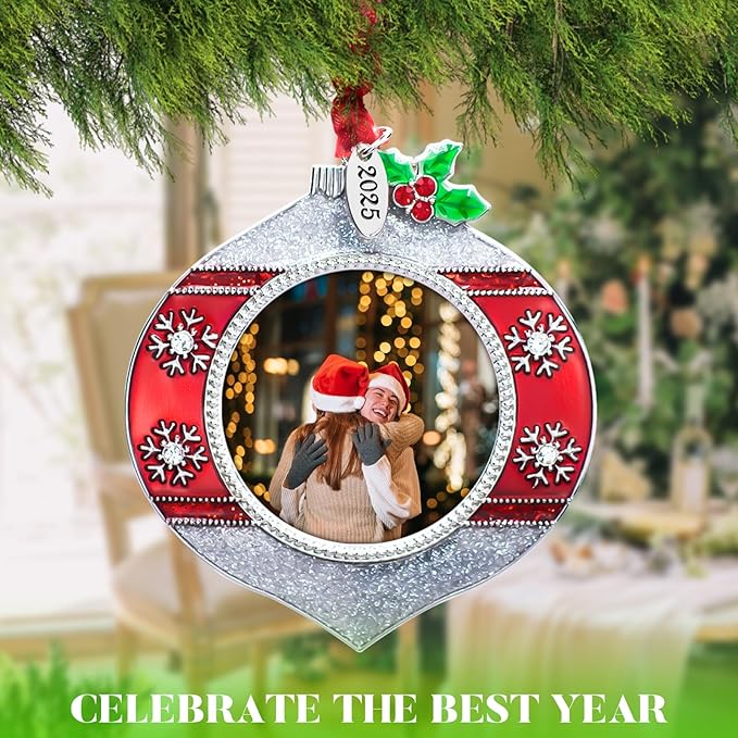 2025 Christmas Tree Ornament Picture Frame Metal Hanging Pendant Holiday 2" Photo Frame Charm Decorative of Pets, Baby First Christmas, Family (2025 Style 3)