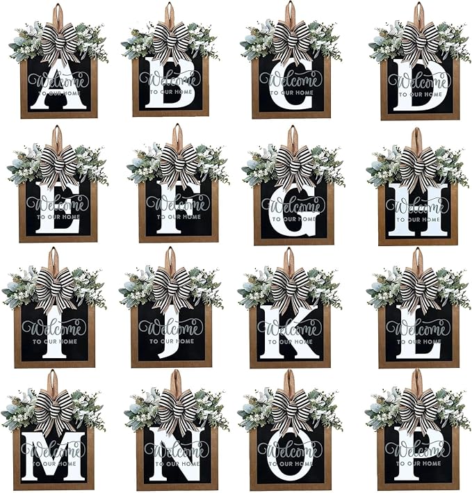 Last Name Year Round Front Door Wreath Front Porch Decoration 26 Letter Welcome Sign with Eucalyptus Garland and Bow Spring Wreaths for Front Door Outside Hanger Garland（L）