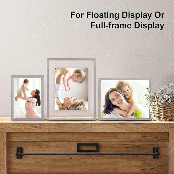 Egofine 11x14 Floating Frames Set of 2, Double Plexiglass Picture Frame, Made of Solid Wood Display Any Size Photo up to 11x14, Wall Mount or Tabletop Standing, Light Grey