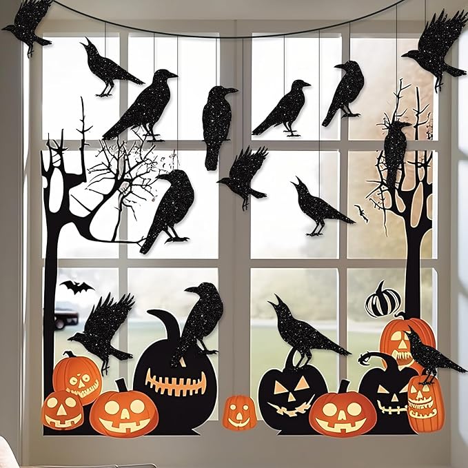 40pcs Glitter Black Crow Halloween Decorations Bird Raven Hanging Banners for Gothic Halloween Garland Backdrop Centerpiece Wall Cutouts for Horror Theme Birthday Wedding Yard Party Supplies