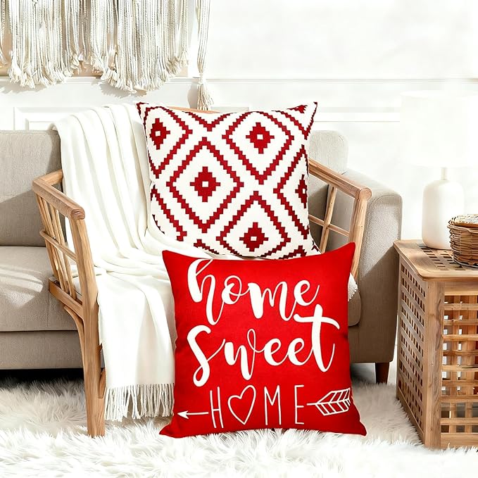 Decorative Throw Pillow Covers 22x22 inch Set of 4 Wine Red Pillow Covers for Couch Sofa Bed Living Room,Farmhouse Outdoor Throw Pillow Cover,Modern Geometric Linen Square Throw Pillow Cases