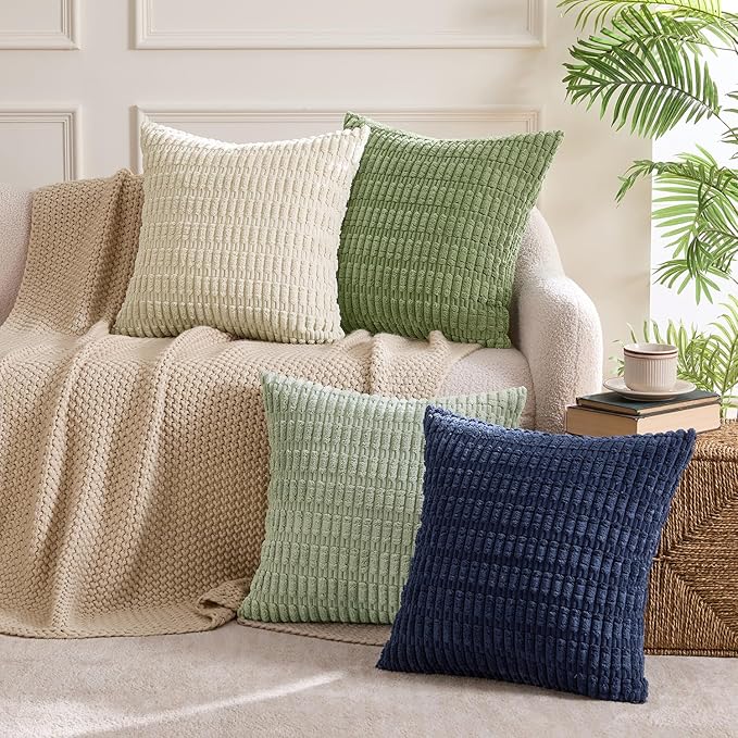 MIULEE Soft Corduroy Throw Pillow Covers Set of 4 Green Blue 18x18 Inch Modern Farmhouse Boho Decorative Accent Cushion Covers for Couch Sofa Bedroom