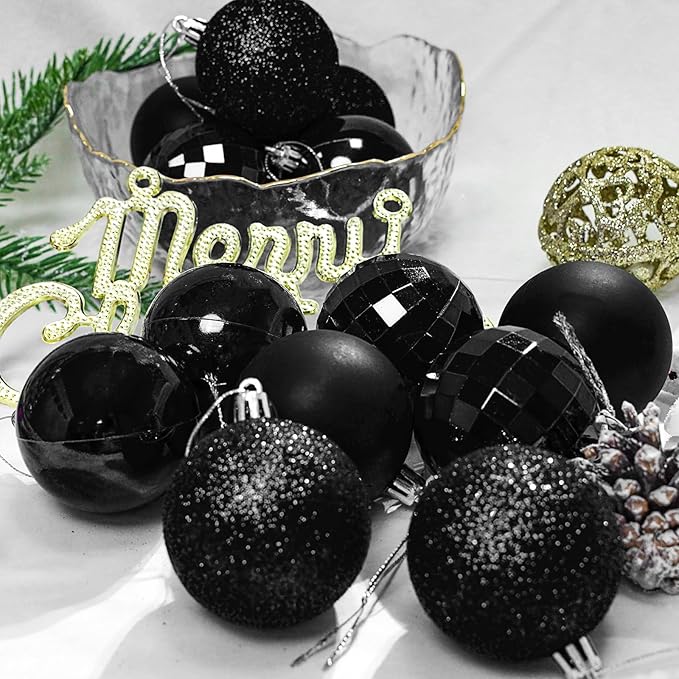 Aitsite 24ct Christmas Tree Ornaments Set 1.57 inches Mini Shatterproof Holiday Ornaments Balls for Christmas Decorations (Black)