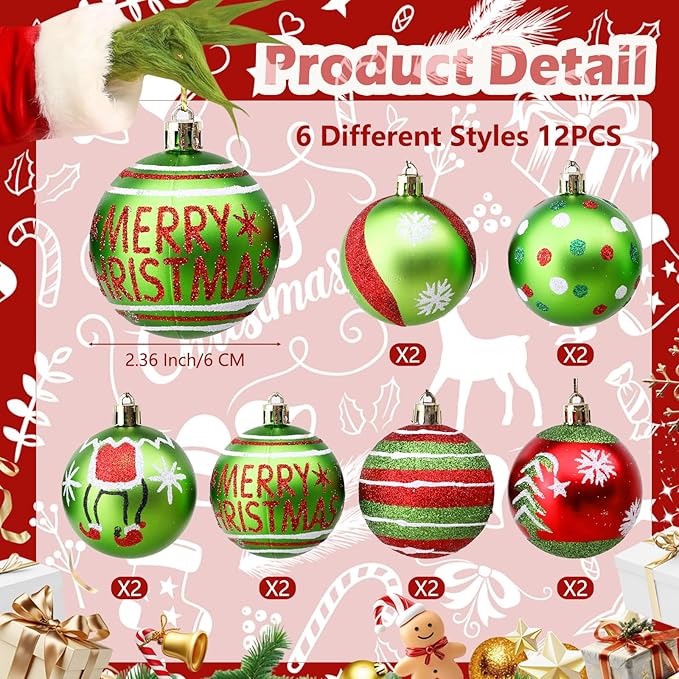 12 Pieces 2.4 Inch Christmas Ball Ornaments, Glittering Plastic Hanging Decorations for Xmas Tree Decoration Pendants
