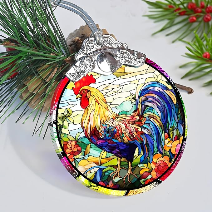 Glass Chicken Christmas Ornament, Semi Transparent Stained Glass Ornament, Colorful Festive Decor for Holidays and Gifts
