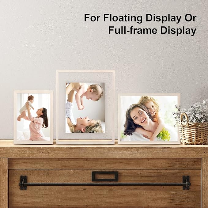 Egofine 8x10 Floating Frames Set of 2, Double Plexiglass Picture Frame, Made of Solid Wood Display Any Size Photo up to 8x10, Wall Mount or Tabletop Standing, Beige