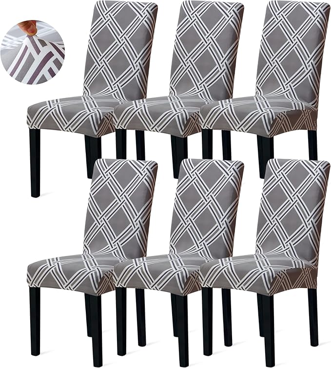 Sufdari Dining Chair Covers,Kitchen Chair Cover,Parsons Chair Slipcover,Spandex Chair Protectors for Dining Room Stretch Chairs Cover Set of 6 -Gray Diamond