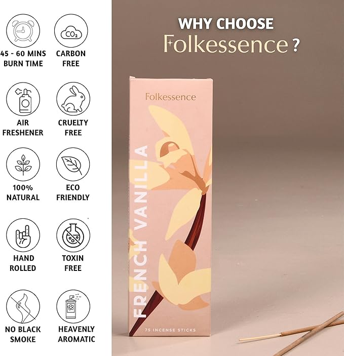 Folkulture Incense Sticks (75 Sticks) |8" Premium French Vanilla Incense Sticks For Meditation, Aromatherapy, Stress Relief Gifts | No Charcoal,Organic, Non Toxic, 45 Mins, Long Burning Insence-Sticks