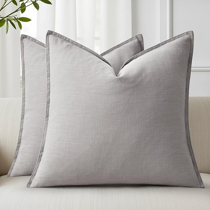 decorUhome Christmas Decorative Linen Throw Pillow Covers 18x18 Inch Set of 2 Light Grey Soft Pillow Covers with Flange Edges Soft Farmhouse Boho Accent Pillow Cases for Couch Sofa Bed Living Room
