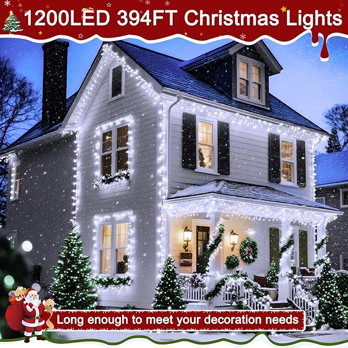 394FT 1200 LED Christmas Lights Outdoor, White Christmas Tree Lights Plug in, 8 Modes Twinkle String Light for Bedroom Wedding Party Ceiling Xmas Home Decoration