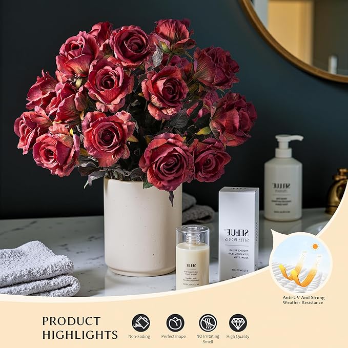 Artificial Flowers Artificial Roses 23.2In Fake Roses Long Stem Artificial Flowers for Tall Vase Silk Rose Suitable for Indoor Decoration Wedding Party Decor DIY Bouquet Autumn (20PCS,Red)