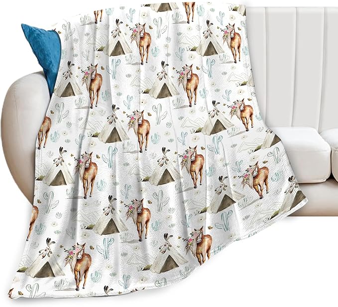 Horse Blanket Rustic Boho Horse Lover Throw Blanket Super Soft Plush Warm Fleece Flannel Western Cactus Decor Gifts for Baby Kids Girls Women Boys for Sofa Couch Bed 50"X60"