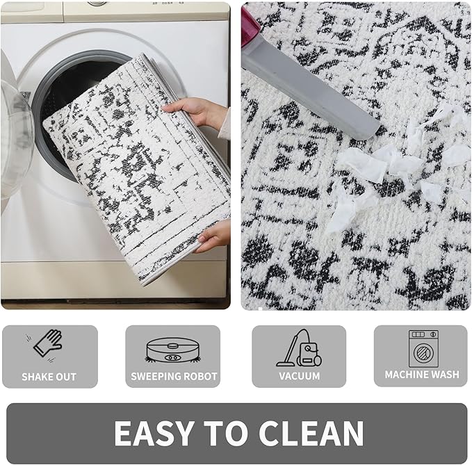 Vintage Runner Rug Non Slip for Hallway Bathroom Kitchen 2x3 ft, Ultra Soft Boho Carpet Runner with Low Pile Design Machine Washable Runner Rugs for Entryway Laundry Living Room (Black)