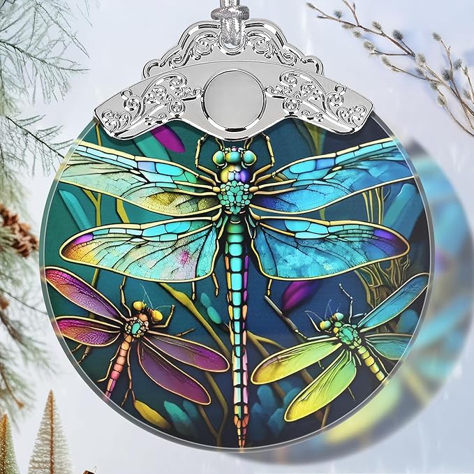 Stained Glass Dragonfly Christmas Ornament - Holiday Home Decor - Tree Decoration - Gift Exchange Idea