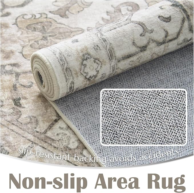 jinchan Runner Rug 2x6 Machine Washable Hallway - Vintage Floral Non-Slip Low-Pile Soft Ultra-Thin Kitchen Rug Distressed Carpet Runner for Farmhouse Bedroom Entryway Laundry Room(2x6ft, Taupe)