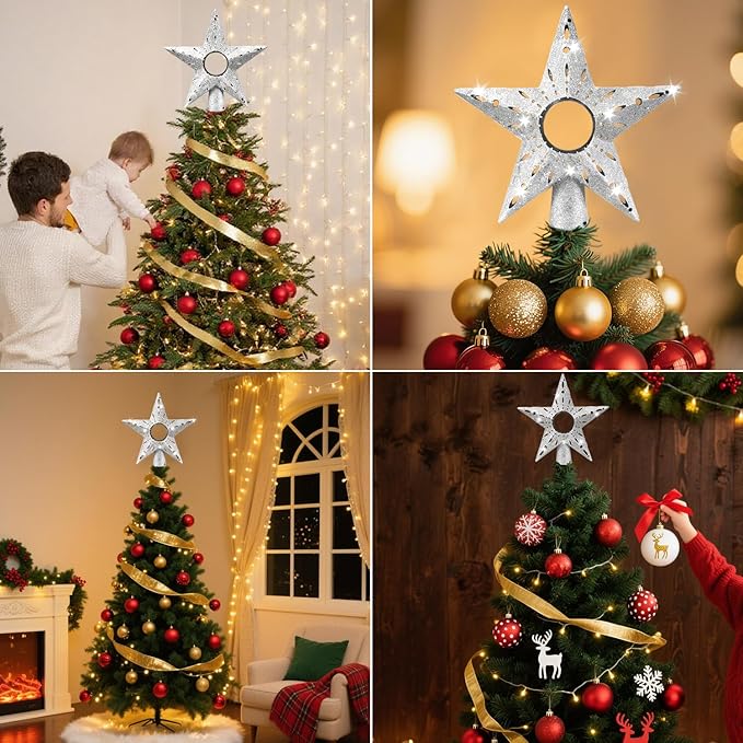 Silver Christmas Tree Topper Star, 12 Inch Glitter Tree Top Decoration, Sparkling Star Ornament for Christmas Tree, Durable ABS Plastic Holiday Decor Accessory, Xmas Tree Topper for Home and Party